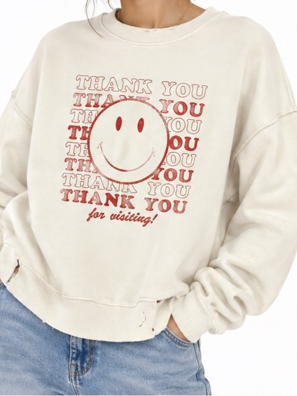 aerie Cream Crewneck Sweatshirt with Red Smiley Graphic